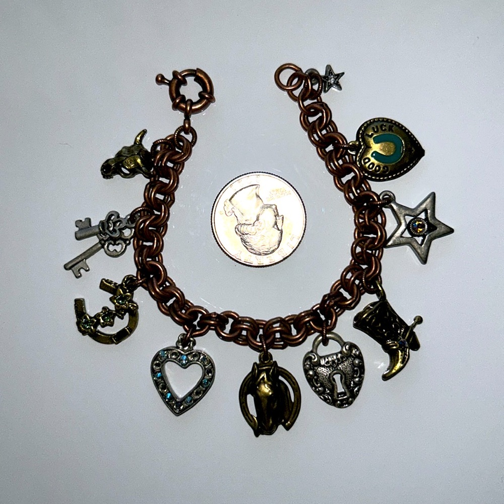 Designer Sweet Romance Equestrian Theme 10 Charm Brass Copper Nickel Bracelet - Picture 6 of 12